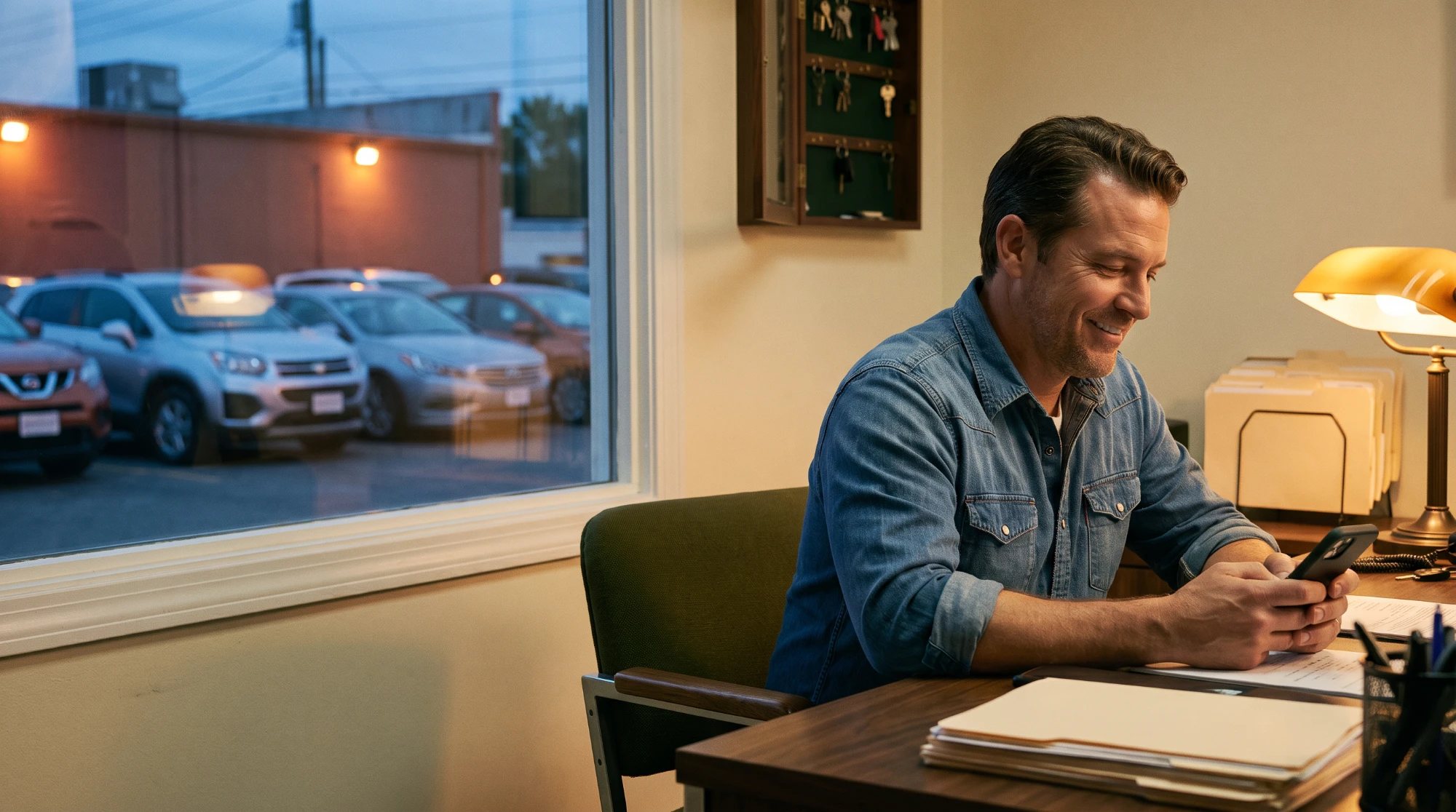 A smiling rental office owner reading a message on his phone at his desk in the evening, with a key cabinet on the wall and rental cars parked outside the window