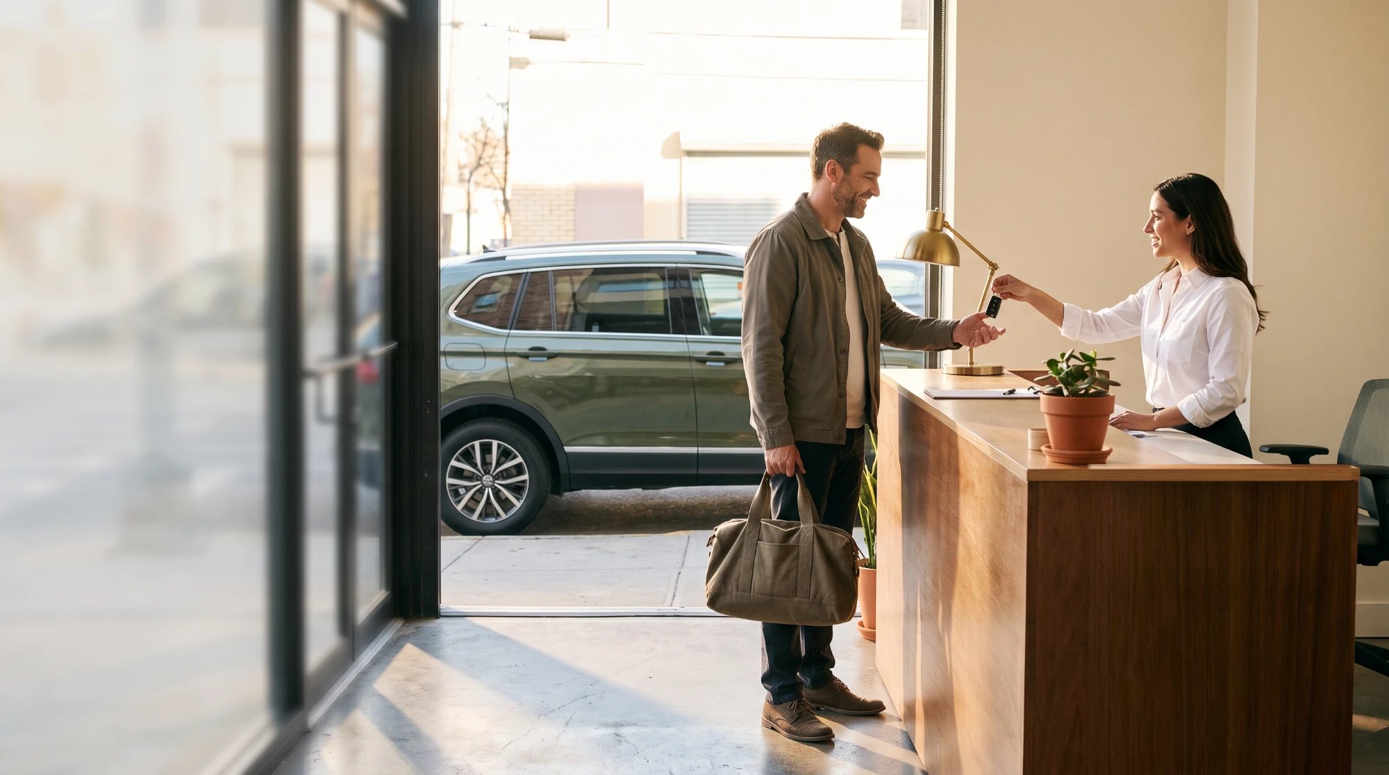 A smiling customer taking the keys from an agent at a wooden rental counter, with a green SUV parked outside the open door